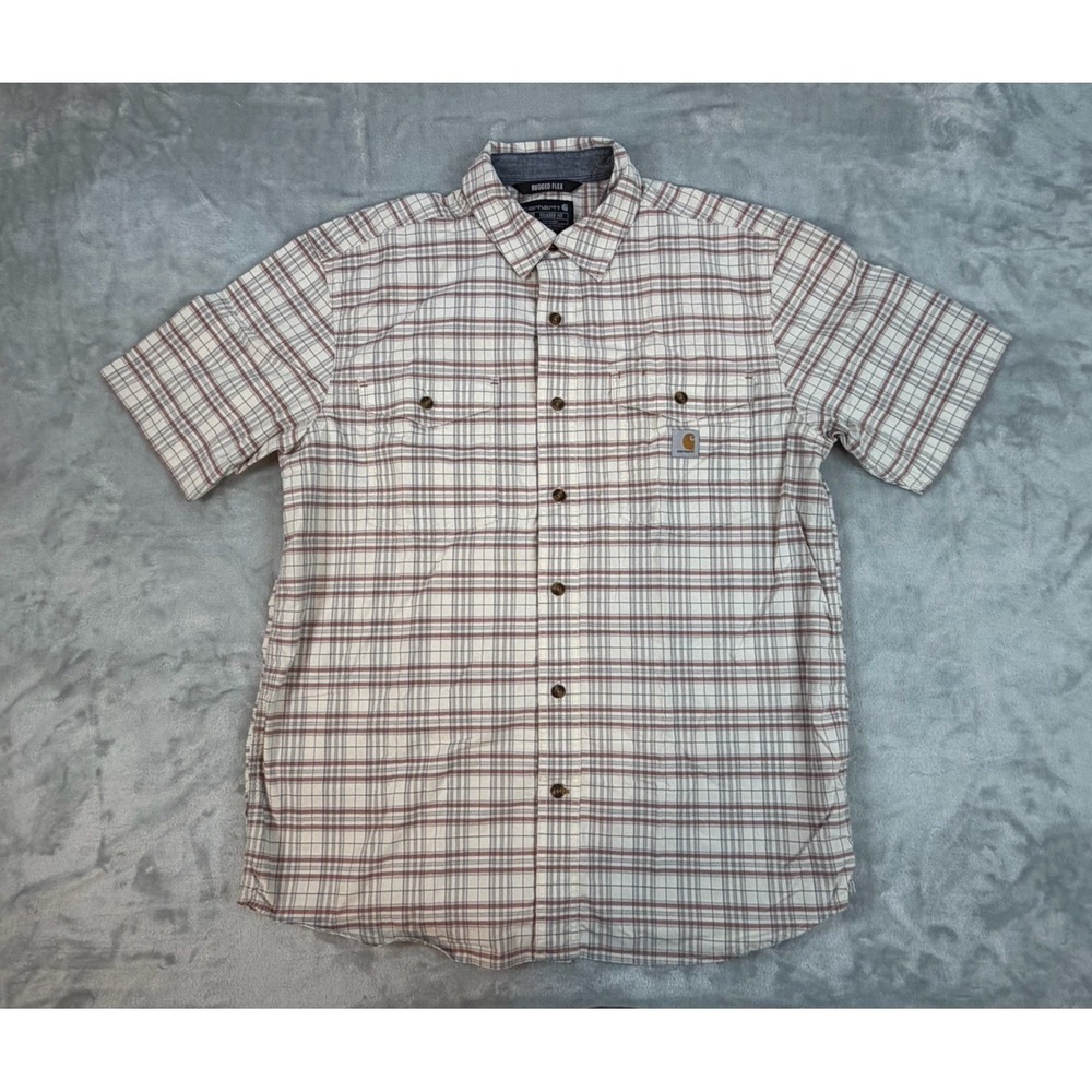 Carhartt Plaid Rugged Flex Shirt Men's Large Cream Button Up Relaxed Fit